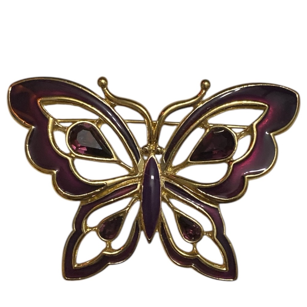 Rare Vintage Signed Crown Trifari Butterfly Pin Brooch Purple & Gold Tone